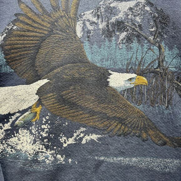 VINTAGE Eagle Sweatshirt Mens Large Blue Bald Made USA 90s Cotton Grove Designs - Picture 2 of 13